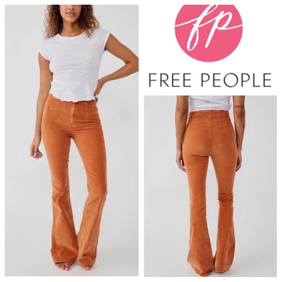 NWT Free People We The Free Jayde Corduroy High Rise Flare Jeans in Cognac - Picture 2 of 14